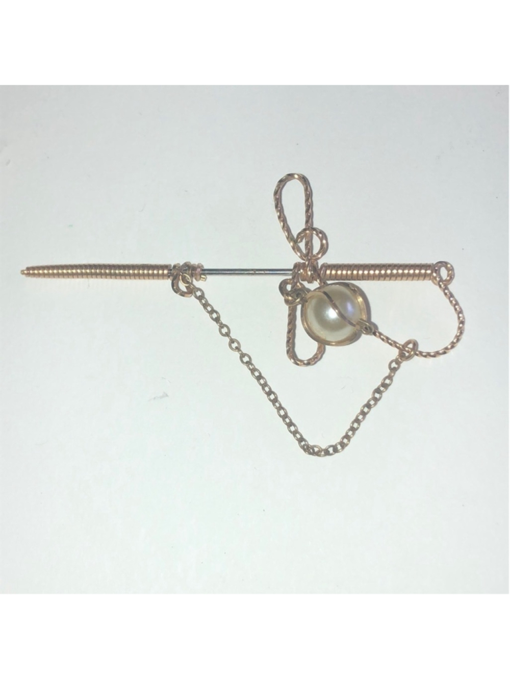 Vintage Gold Tone Faux Pearl Dangling Stick Pin